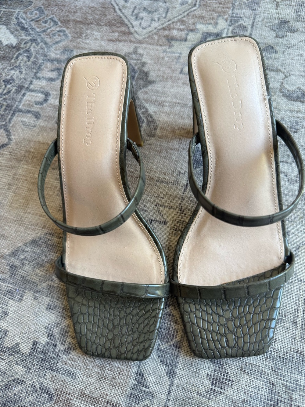 Olive Croc-Embossed Square-Toe Heeled Sandals